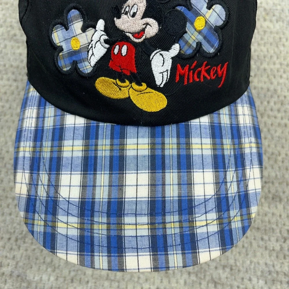 Vintage Disney‎ Hat Cap Womens Stretch Fit Black Blue Plaid Mickey Mouse 90s Y2K